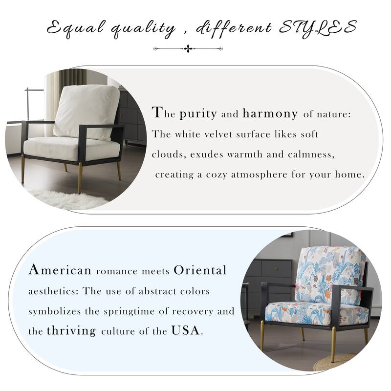 Velvet Upholstered Accent Armchair with Gold Metal Legs, Rubberwood Frame, and Adjustable Pillow Back