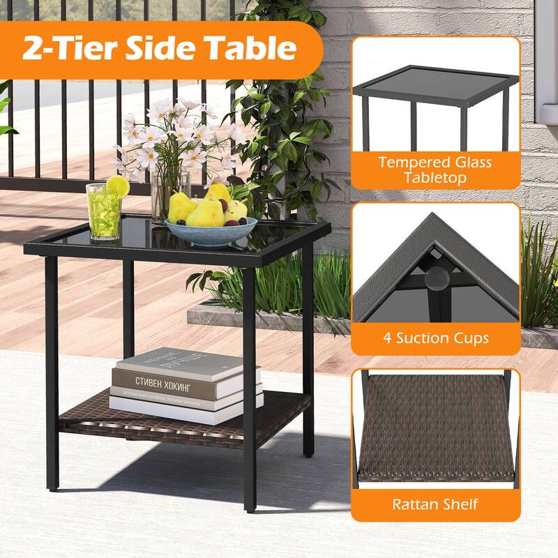 Costway 3 PCS Outdoor Swivel Chair Set with 2-Tier Tempered Glass Side - See Details