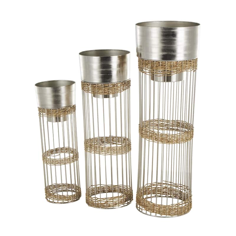 Metal Textured Dome Indoor Planter with Woven Seagrass or Rattan and Cage Rod Base - Set of 3 Gold or Silver - Roche River Decor