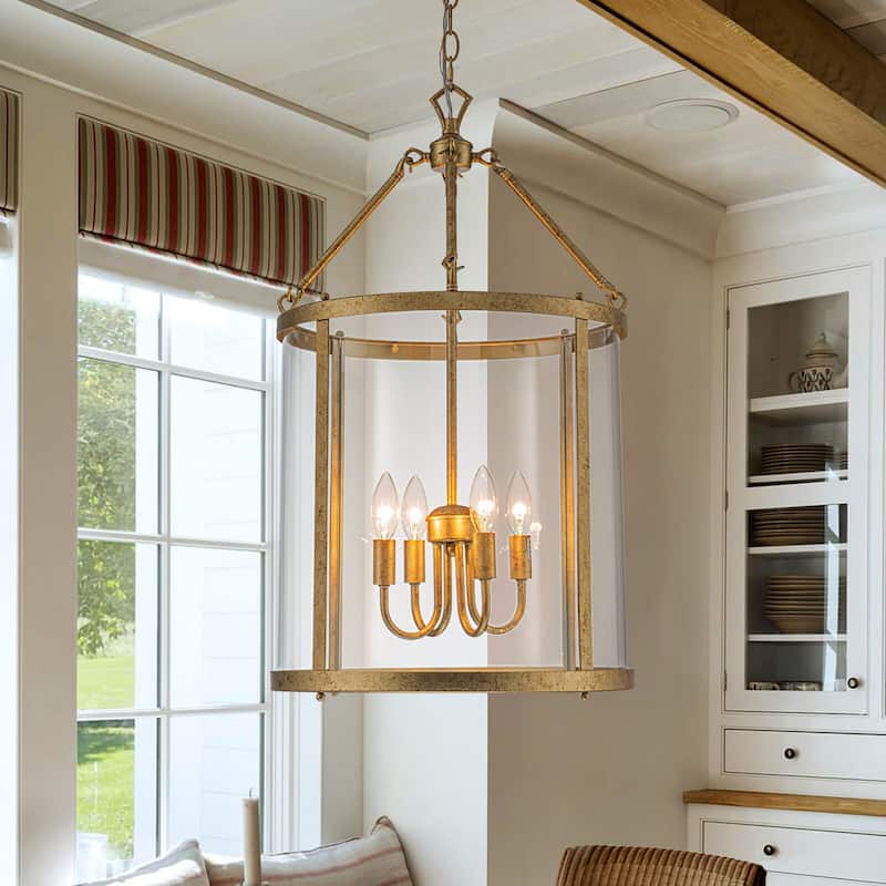 4 - Light Farmhouse Lantern Glass Drum Chandelier for Entryway