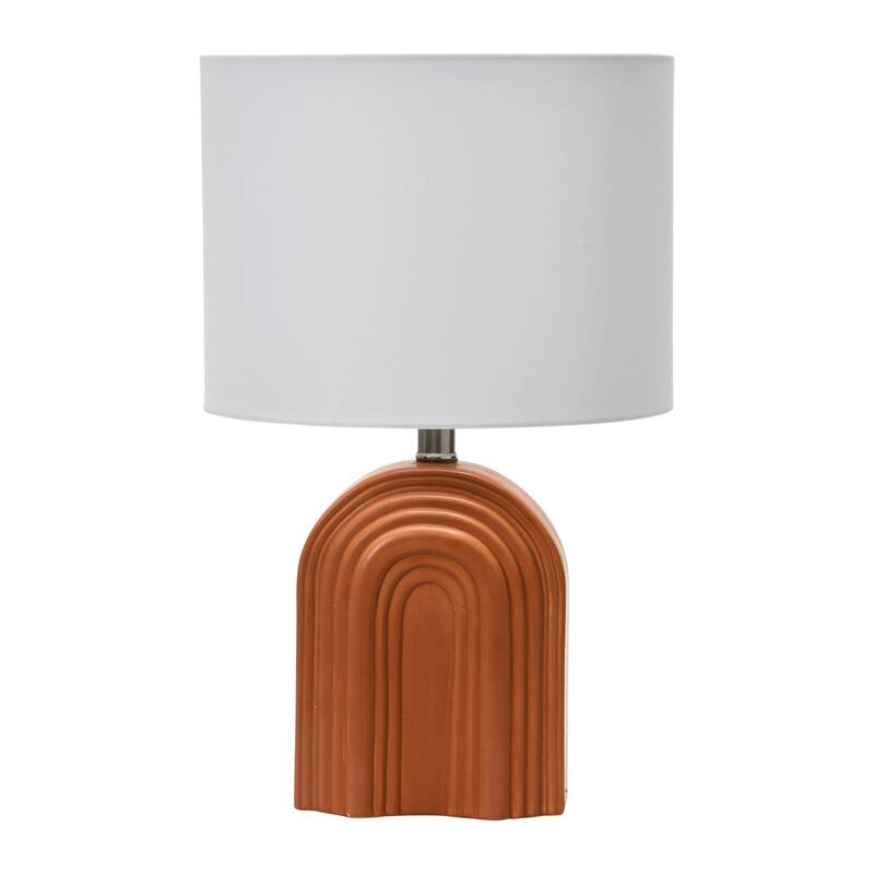 Carved Arch Stoneware Table Lamp with Linen Drum Shade - Terracotta