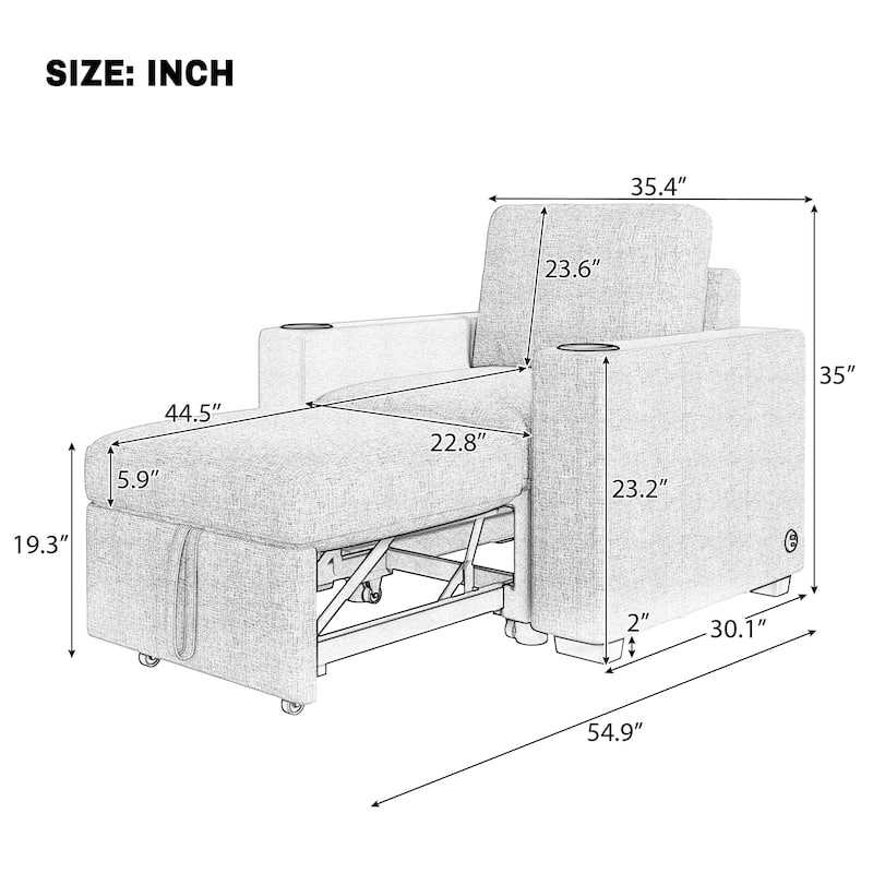Convertible Sectional Sofa with Pull-out Sofa Bed and Dual Cup Holders