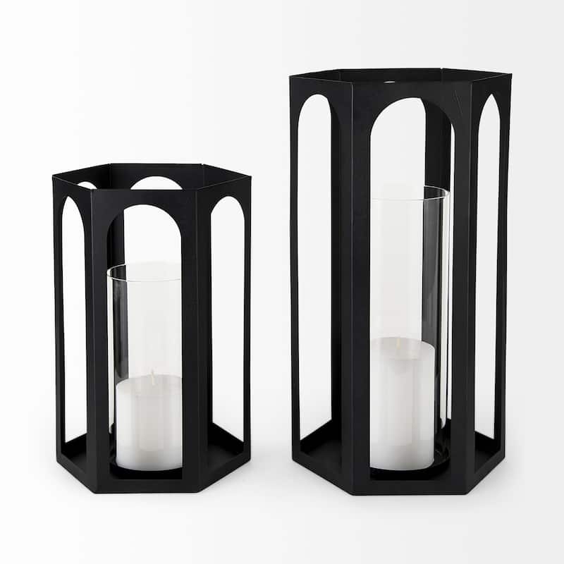 Balley Matte Black Metal Hexagonal Candle Holder Lanterns (Set of 2) - Black