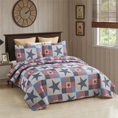 3-PC Quilt Set Patriotic Americana Stars and Plaid Patchwork Blanket with 2 Shams