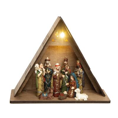 Transpac Resin 7.5 in. Multicolored Christmas Light Up Traditional Nativity and Manger Set of 9
