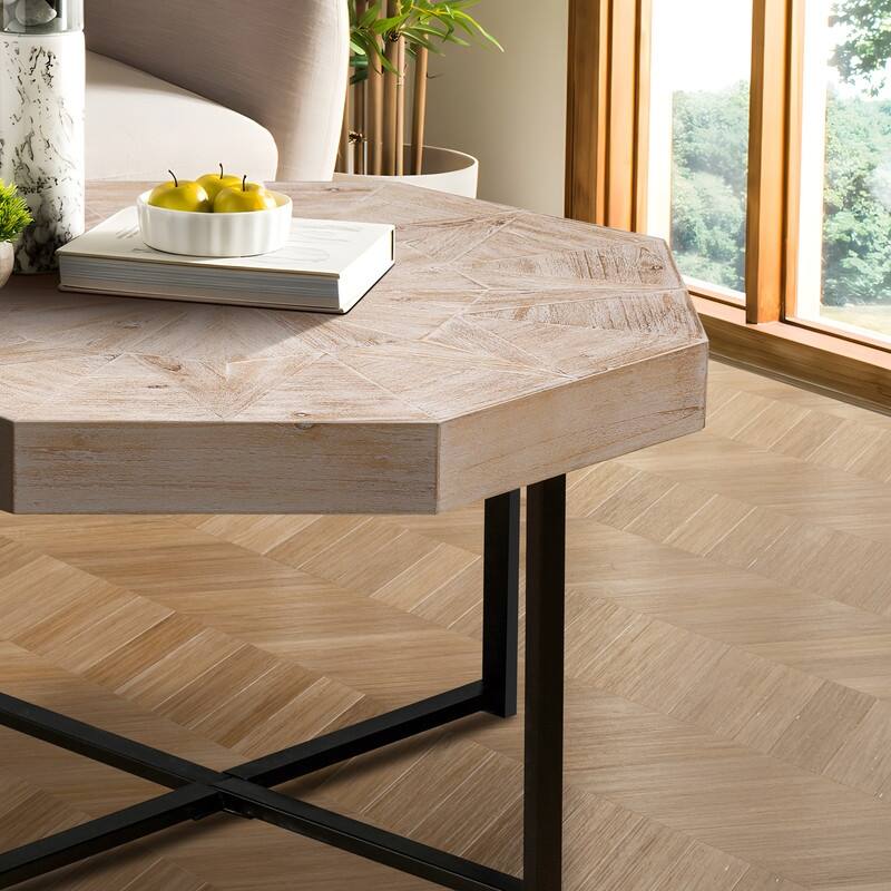 30" Octagonal Wood Coffee Table with Cross Metal Base, Farmhouse Vintage Style