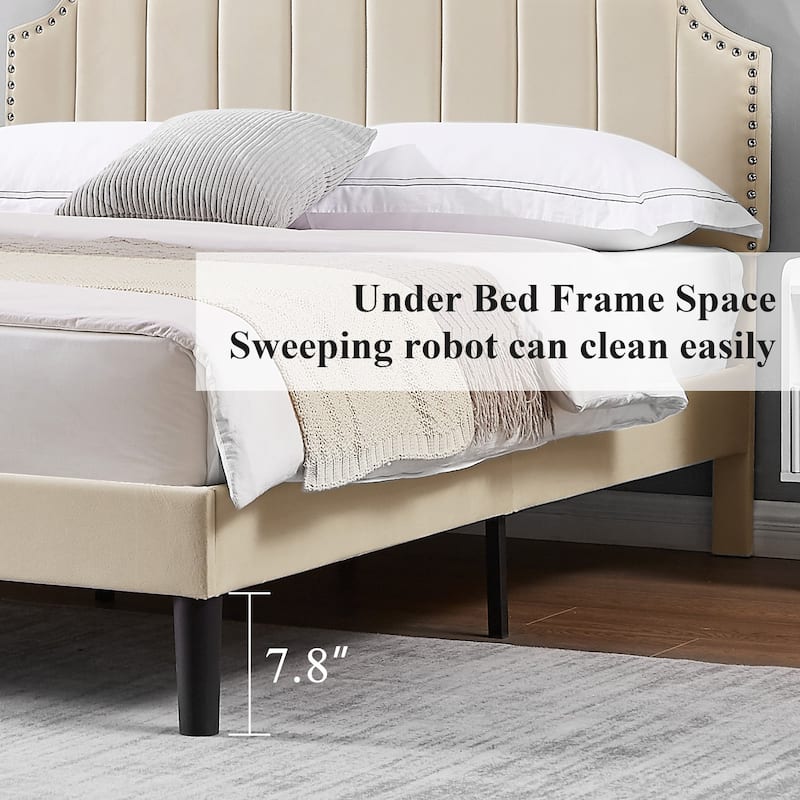 Javlergo Upholstered Platform Bed Frame with Nailhead Trimmed Adjustable Height Headboard No Box Spring Needed