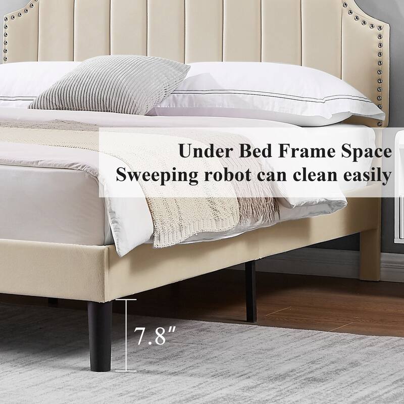 Javlergo Upholstered Platform Bed Frame with Nailhead Trimmed Adjustable Height Headboard, No Box Spring Needed
