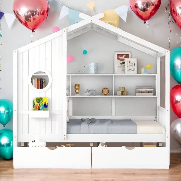 slide 2 of 28, Modern Full Size House Bed Kids Bed with 2 Drawers and Storage Shelf,Solid Construction White