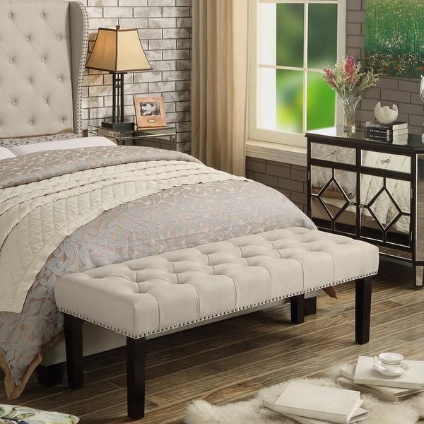 slide 2 of 15, Moser Bay Almaraz 56 or 35 Inch Linen Upholstered Hand-tufted Transitional Bench
