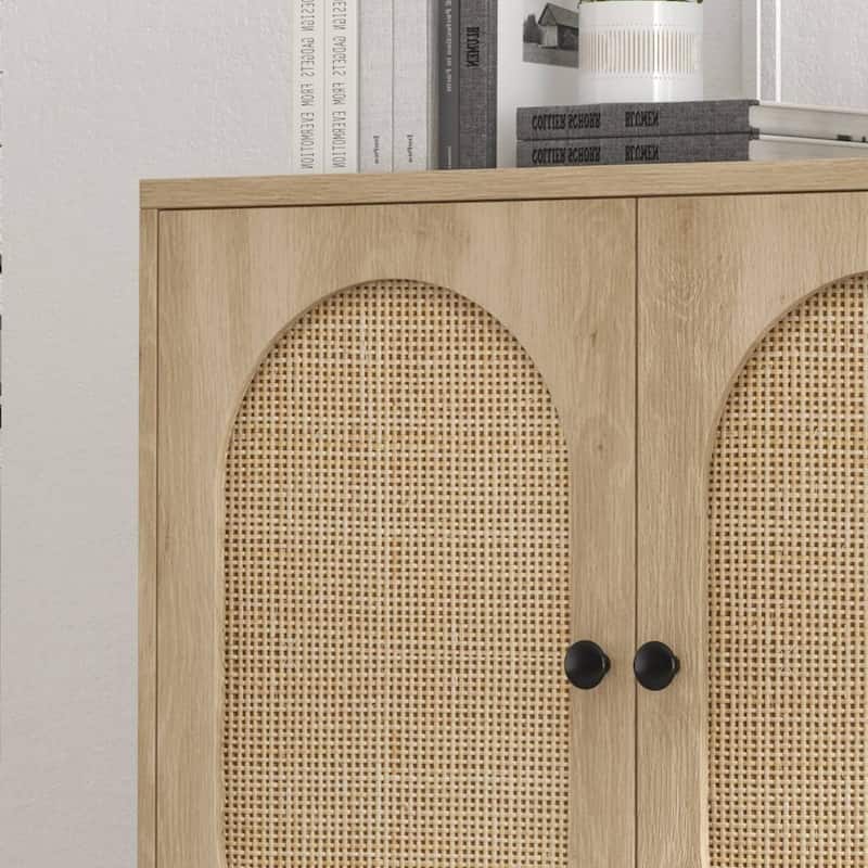 Beige Rattan Storage Cabinet with Doors and Shelves