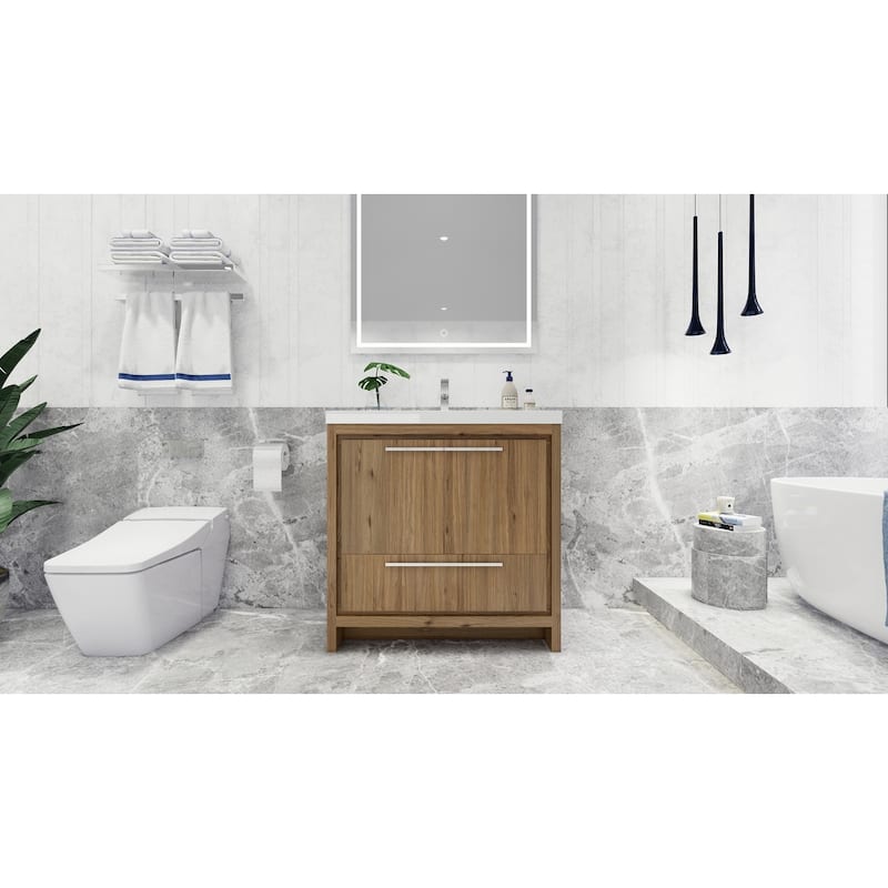 dolce 36 natural oak finish freestanding bath vanity with single basin reinforced acrylic top