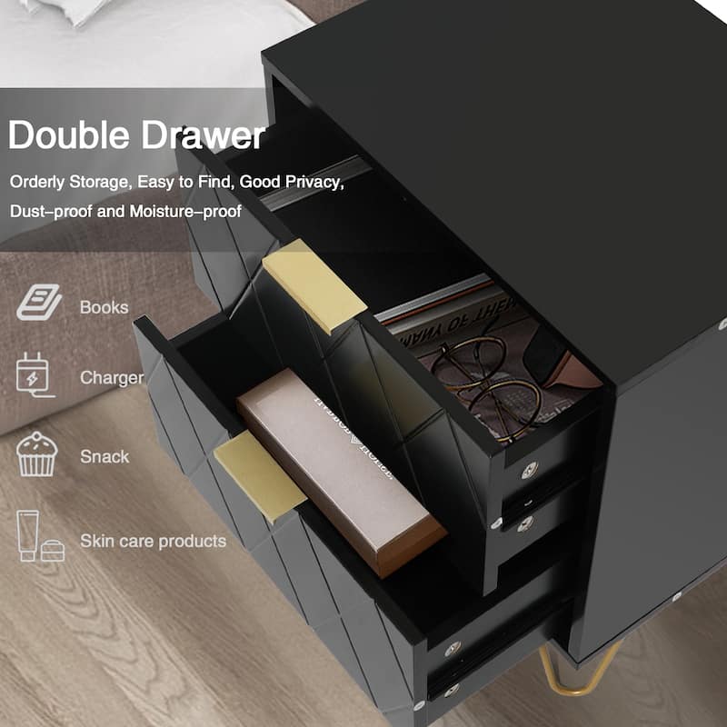 Modern Set of 2 Nightstands with Metal Legs 2-Drawer Bedside Table