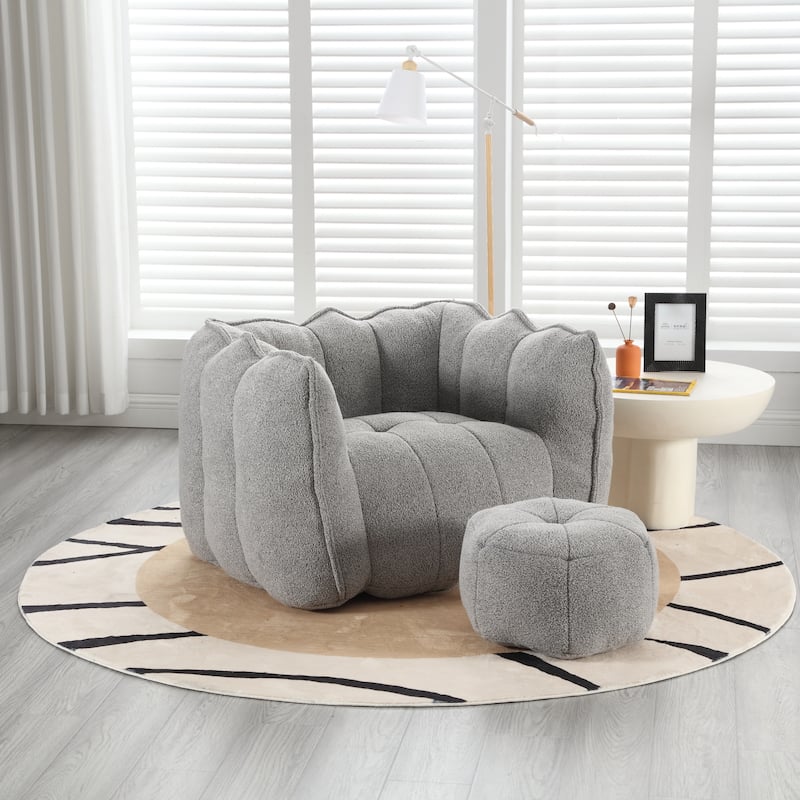 Grey Modern 42.5" Chenille Upholstered Buttons Tufted Accent Chair with Ottoman for Living Room
