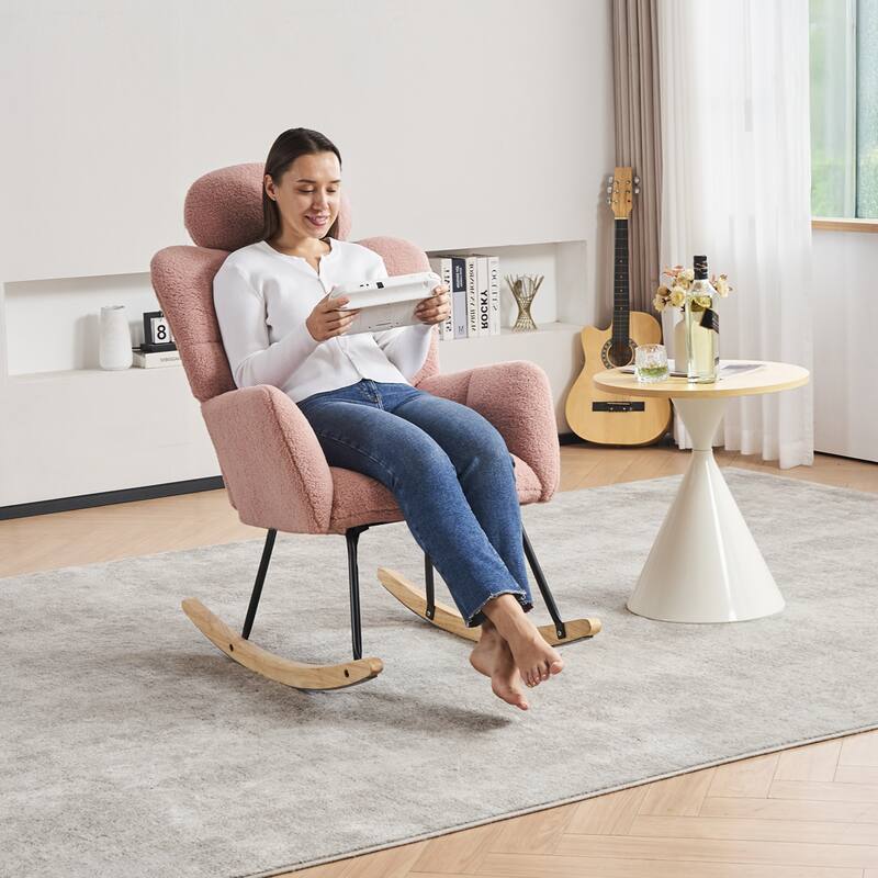 Comfortable Teddy Fabric Upholstered Rocking Chair with High Backrest and Pillows for Indoor Use