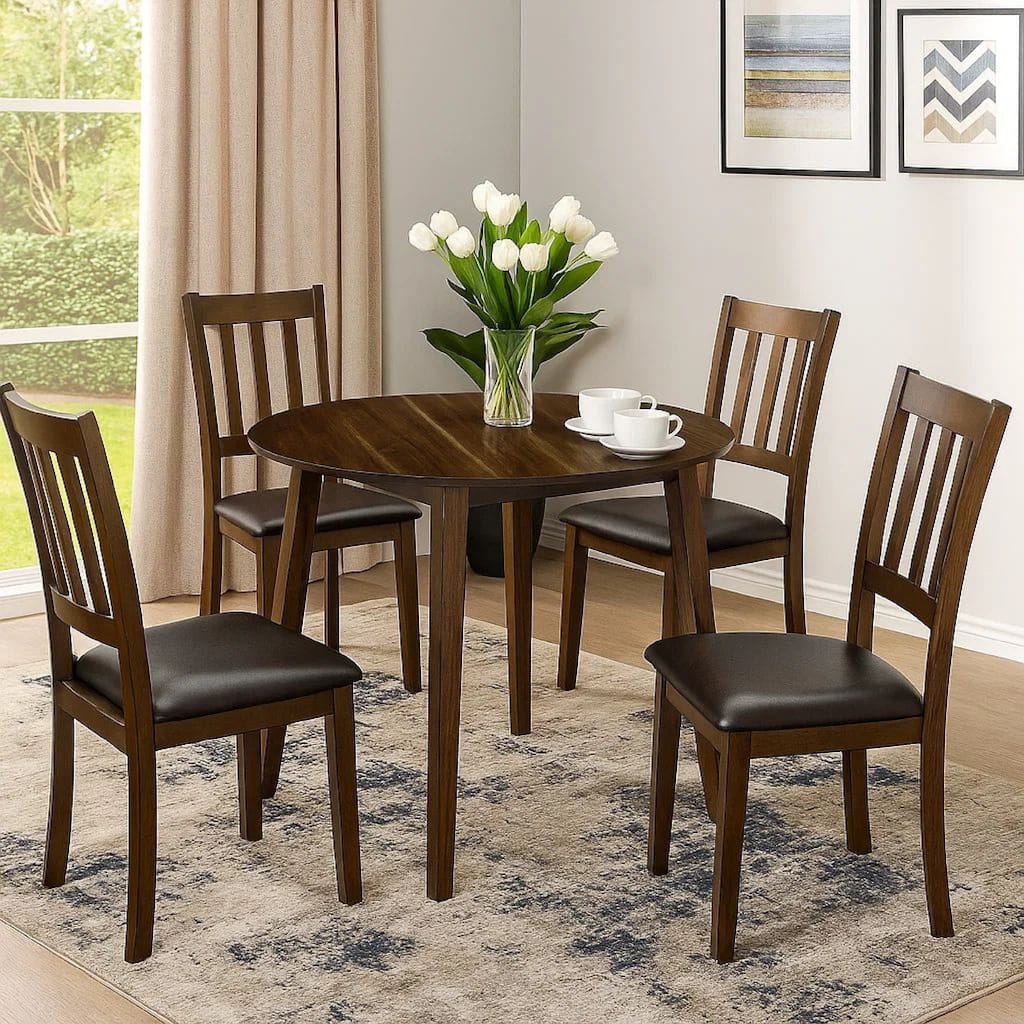 Wooden Dining Table with Ladder Back Style Chairs, Set of 5, Brown