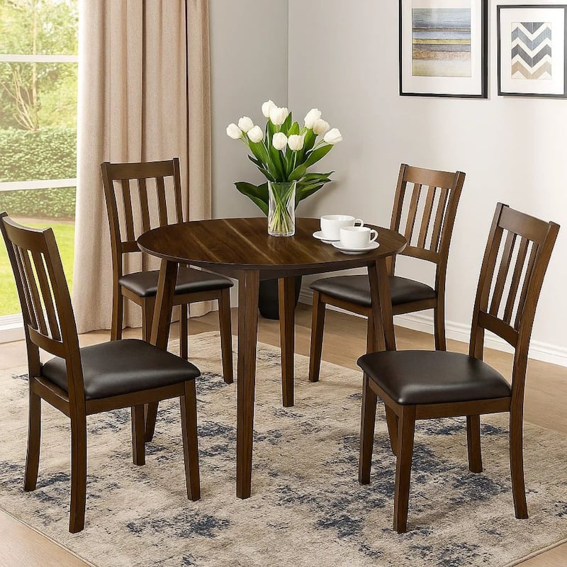 Wooden Dining Table with Ladder Back Style Chairs, Set of 5, Brown