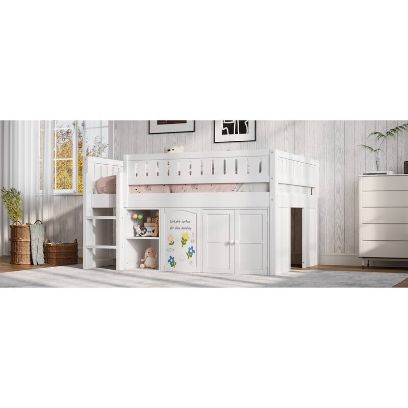 Roomfitters Full Size Loft Bed with Storage Cabinet, Open Shelves and Chalkboard Panel