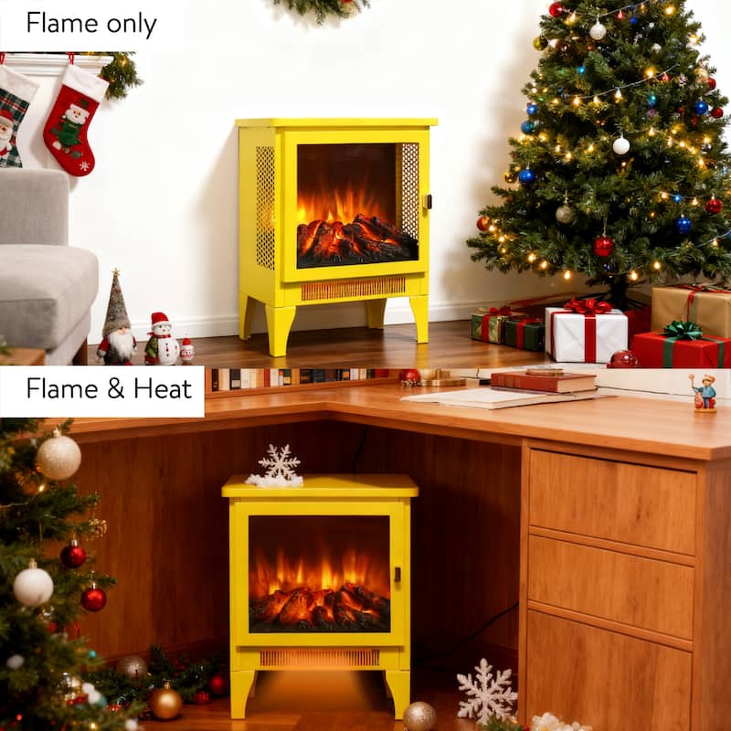 17 inch Freestanding Electric Fireplace Stove heater with 3D Flame effect,Lemon Yellow