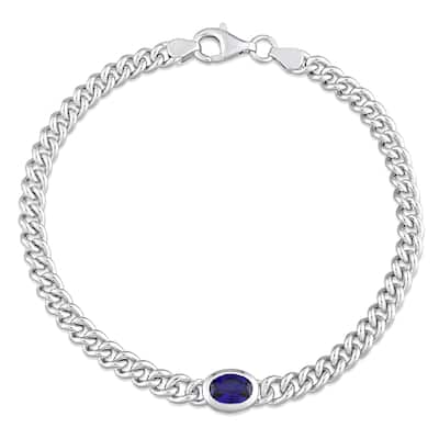 Miadora 1 1/4 CT TGW Oval Created Blue Sapphire Curb Link Chain Bracelet Sterling Silver