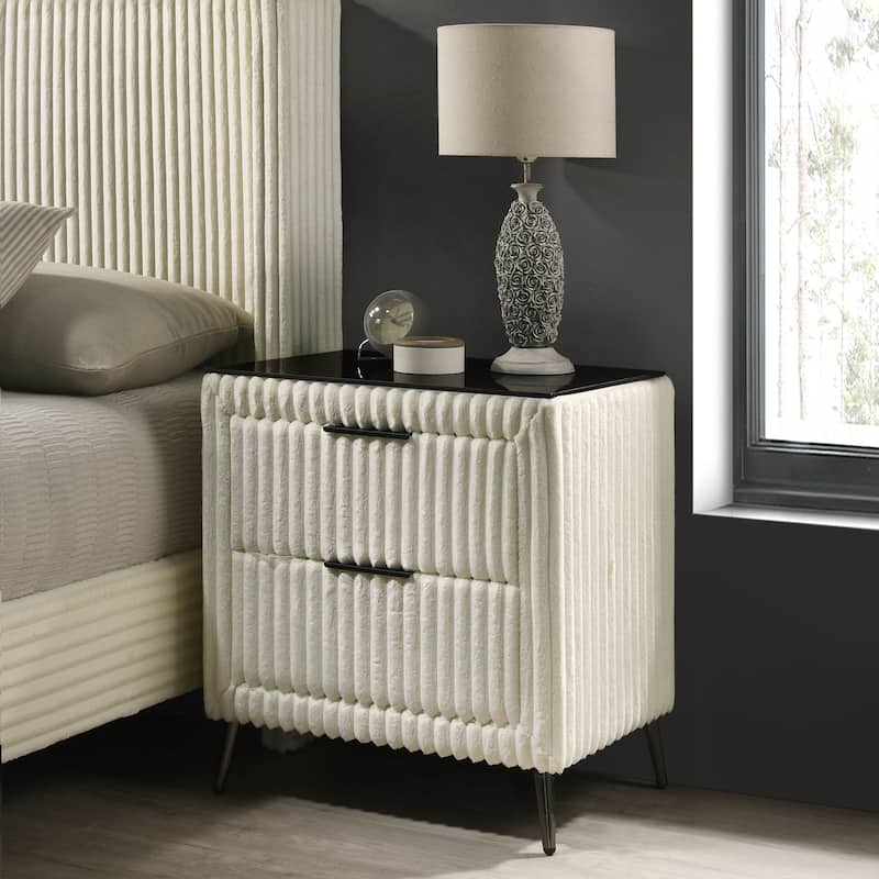 Wide Wale Corduroy Upholstered Nightstand with Two Drawers in Cream - Cream