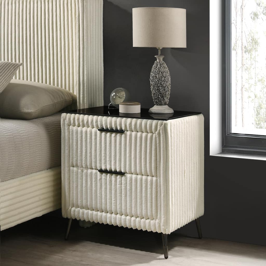 Wide Wale Corduroy Upholstered Nightstand with Two Drawers in Cream