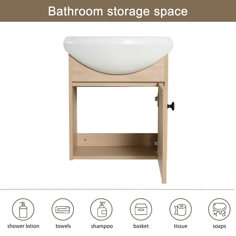 Malwee 18" Floating Bathroom Vanity, Mini Wall Mounted Bathroom Vanity with Ceramic Oval Sink and Soft Close Door