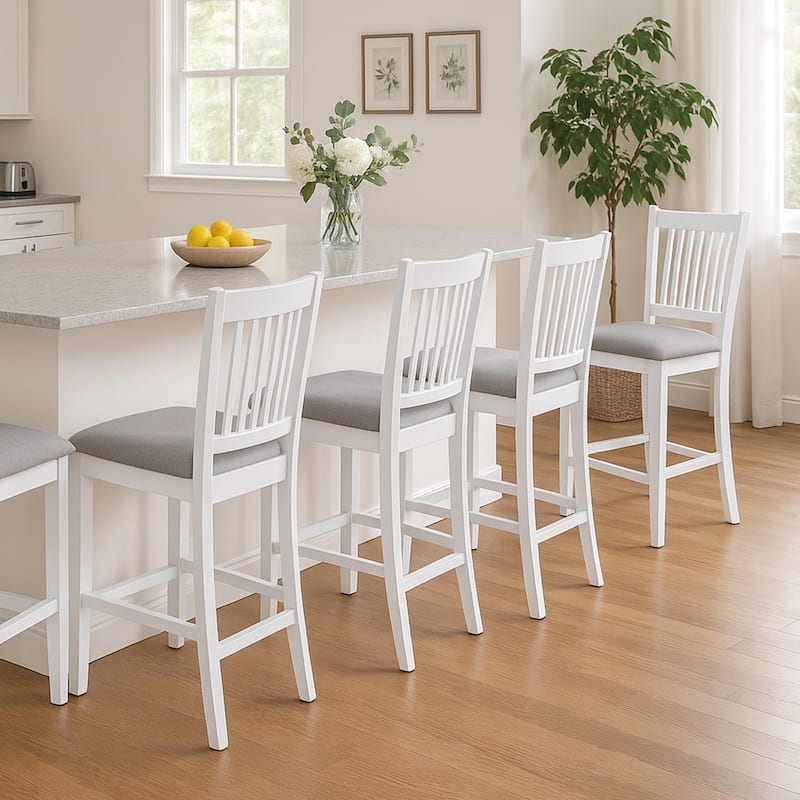 Farmhouse 24.8" Counter Height Chairs Slat Back Padded Wood Bar Stools - 21L×18W×35H - Set of 4 - White