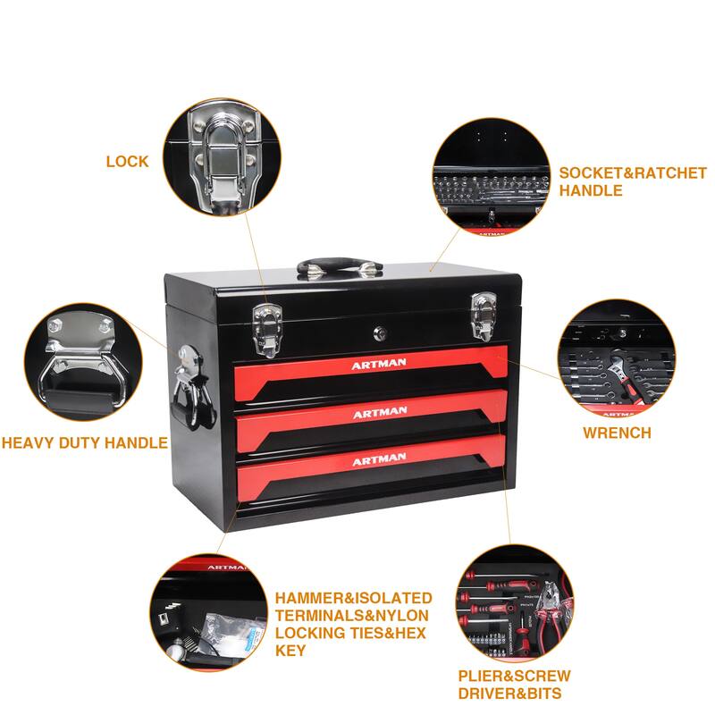 3 Drawers Tool Box with Tool Set And Rich Storage Space
