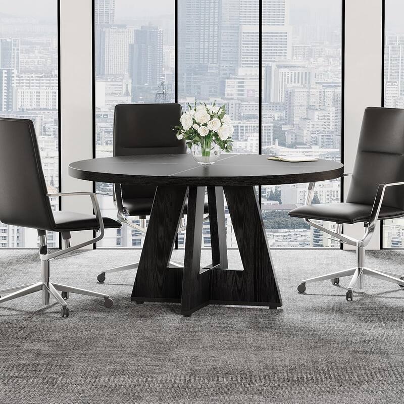 47" Round Conference Table Meeting Room Table with Thickened Top Wood Base Modern Training Desk for Conference/Seminar Room
