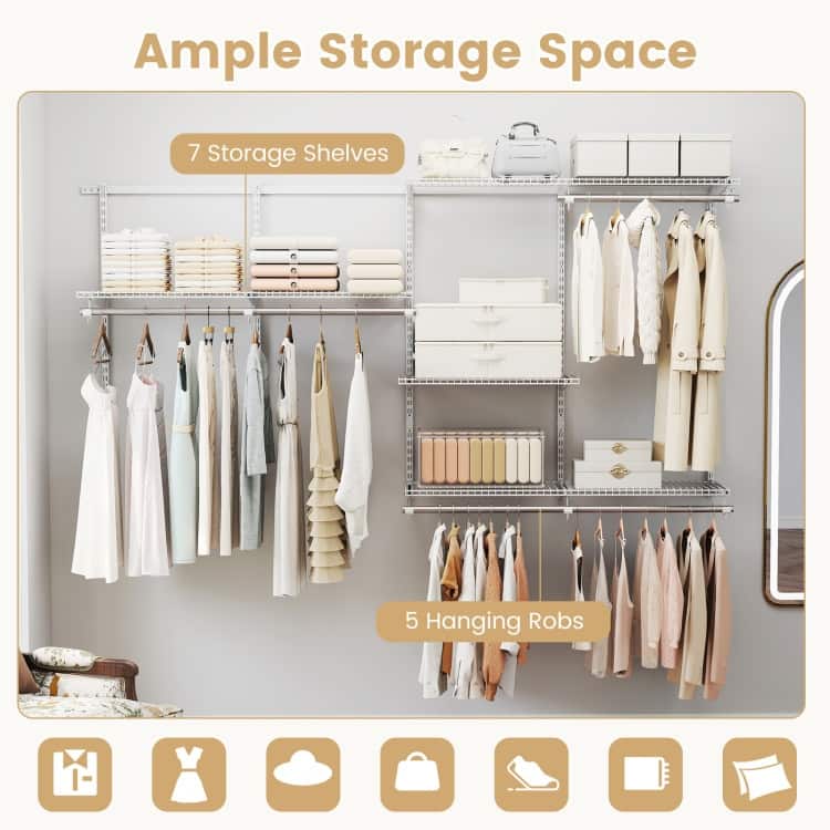 Metal and PP Adjustable Closet Organizer with Shelves and Rods - 96" L x 47.5" H