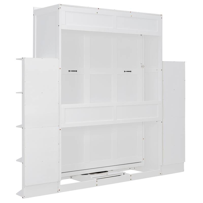 Rotating Queen Size Murphy Bed Foldable Bed Frame with Hidden Wall Cabinet, Side Shelves, Convertible Desk and Bookshelves
