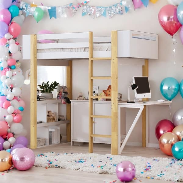 slide 2 of 20, Twin Size Wood Loft Bed With Built-in Storage Cabinet and Cubes,Foldable desk,Multiple Choice,2 installation options,White White