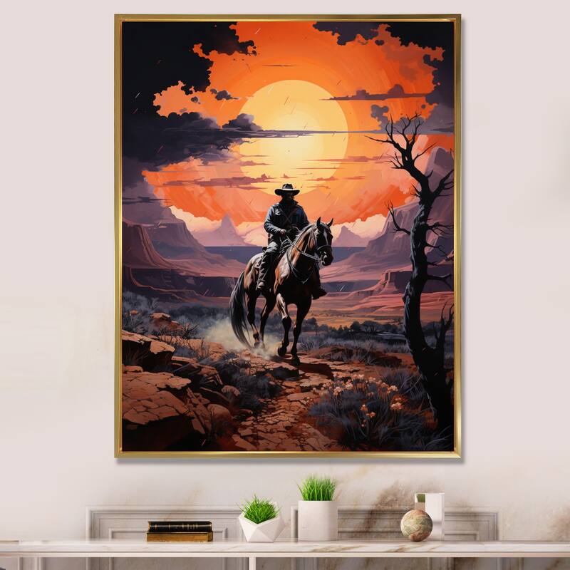 Designart "Western Cowboy Rugged" Western Framed Wall Art Prints - Gold - 16 in. wide x 32 in. high
