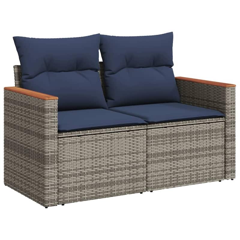 vidaXL Patio Sofa with Cushions 2-Seater Gray Poly Rattan - 48.8 x 24.4 x 27.2
