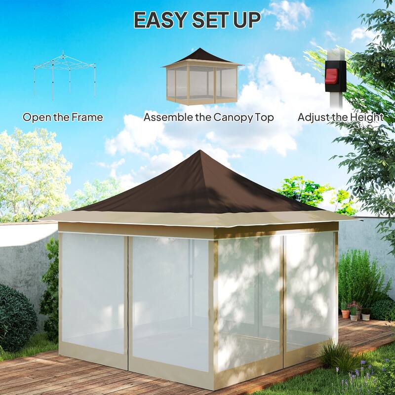 Large Brown Outdoor Adjustable Height Pop-Up Canopy Tent with Mesh Walls and UV Protection - 140.6" L x 140.6" W x 122" H