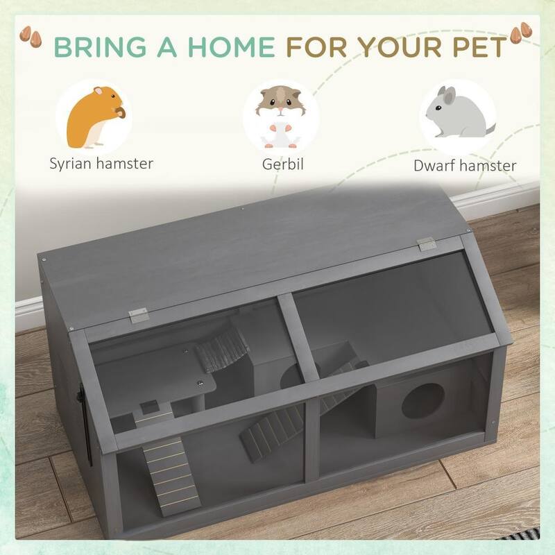 Charcoal Grey Fir Wood Hamster Cage with Hut, Ladder and Suspension Bridge - 33.5" L x 17.7" W x 17.3" H