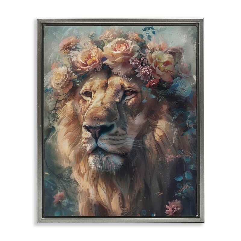 Stupell Lion with Rose Garland Framed Floater Canvas Wall Art Design By Arlington Prints - 25 x 31 - Grey