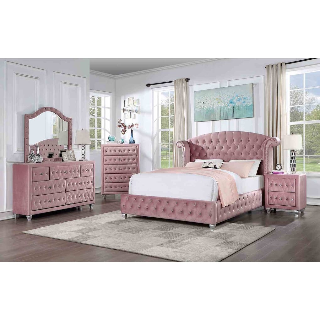Glam Style Pink Upholstered Bedroom Set with Crystal Tufting