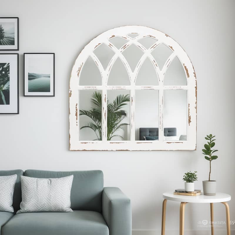 Distressed White Cathedral Wood Wall Mirror
