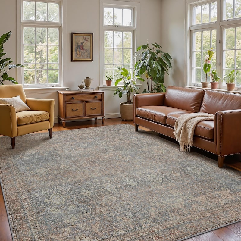 Mcow Vintage Floral Low-Pile Machine Washable Non-Slip Area Rug - 2'X7' - Grayish Blue - Rectangle