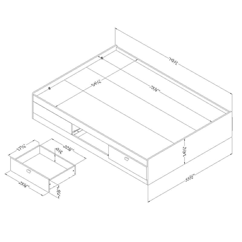 Modern Twin Bed with Drawers - Minimalism Style Platform Bed, White Finish, 39 Inch, Engineered Wood