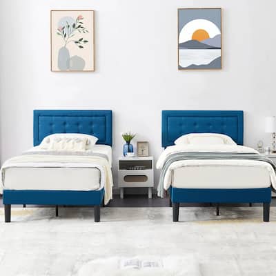 VECELO Tufted Upholstered Kids Bed with Adjustable Headboard,Twin Size Bed Set of 2