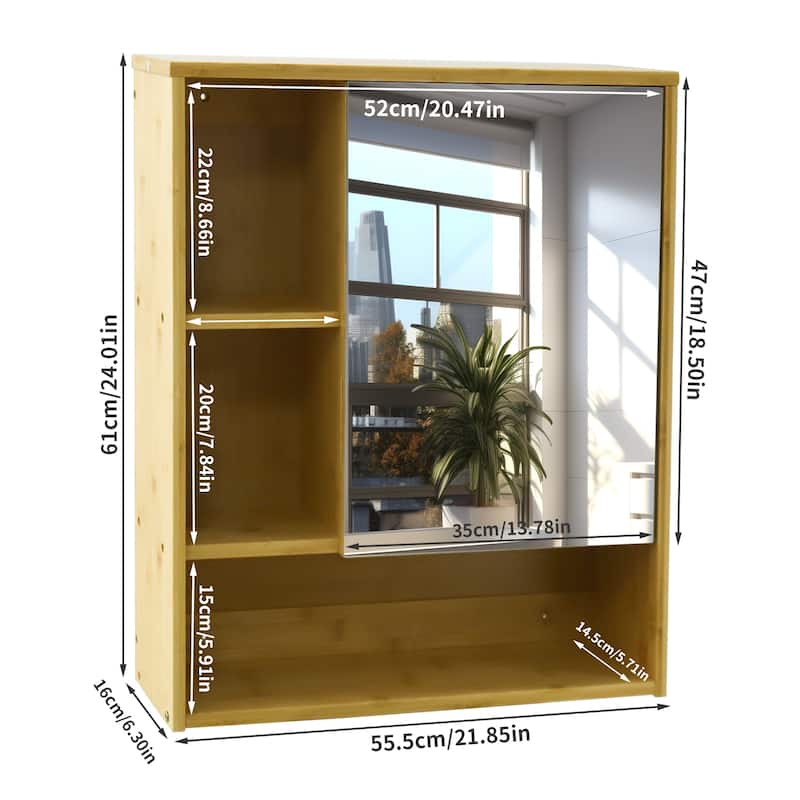Medicine Cabinet Wall-Mounted Mirrored Bamboo Frame Storage Bathroom - 22"x24"x6.3"