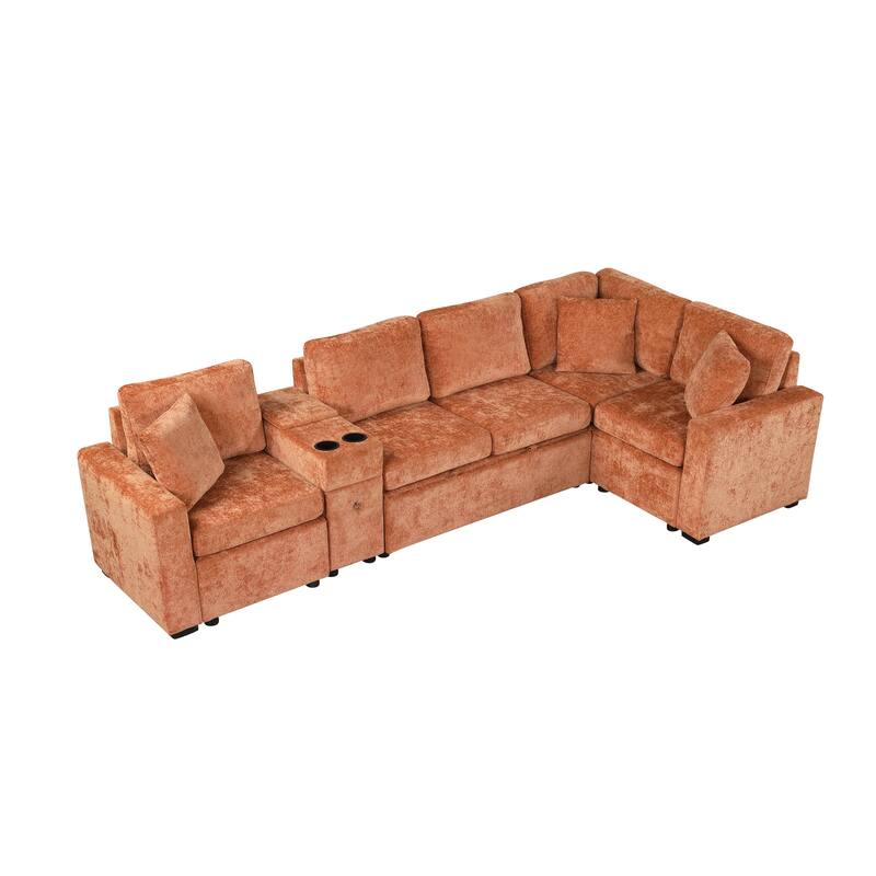 Chenille Pull Out Sectional Convertible Sleeper Sofa Modular Sectional Sofa with Pillow and 2 Cup Holders for Living Room