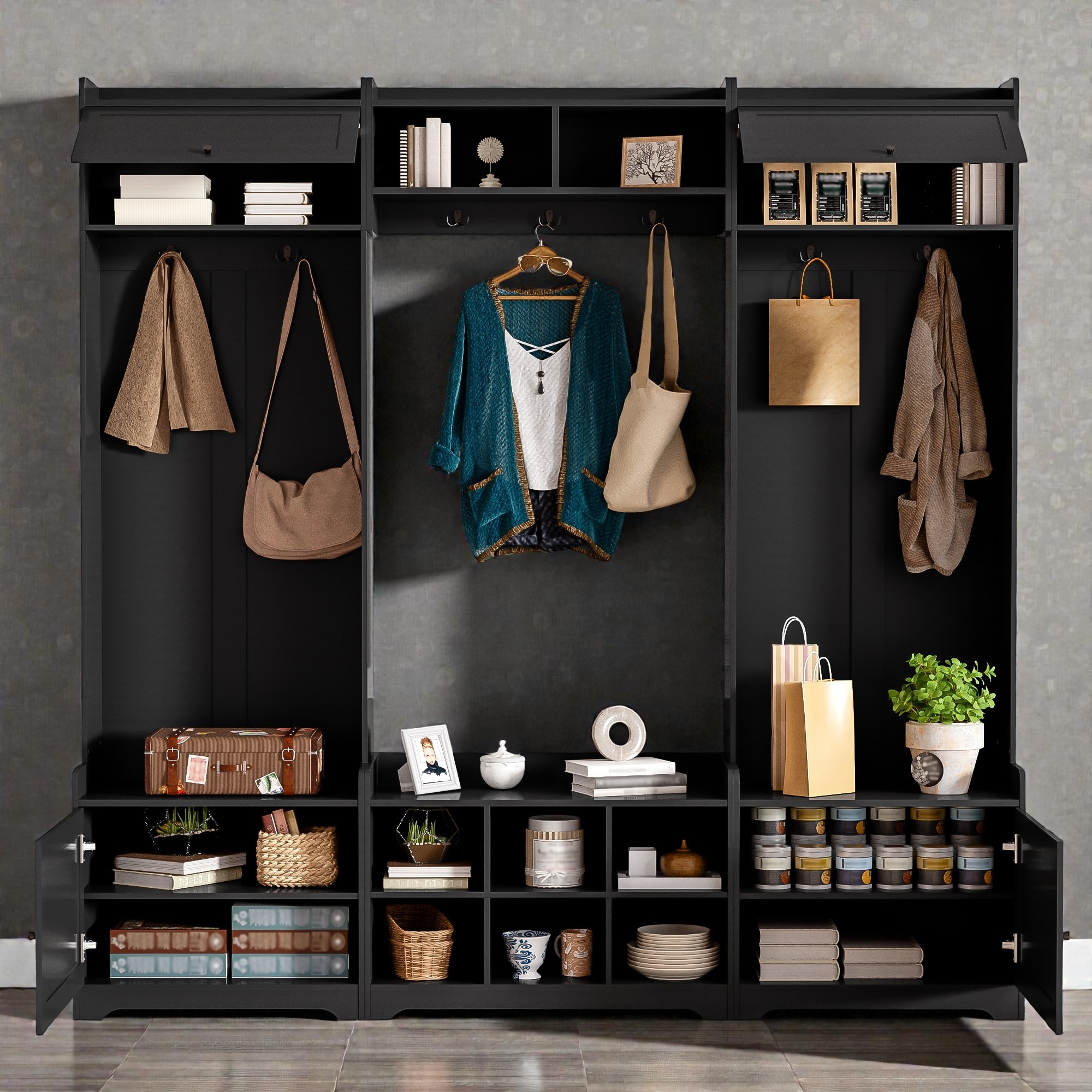 Hall Tree with Storage Cabinets, Entryway Bench with Hooks and Adjustable Shelves, Mudroom Organizer with Seating - MDF