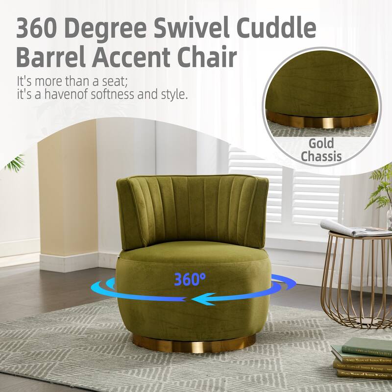 Swivel Barrel Chair, Comfy Velvet Upholstered Accent Sofa Chair, Leisure Club Chair with Shell-Shaped Back & Angled Armrests