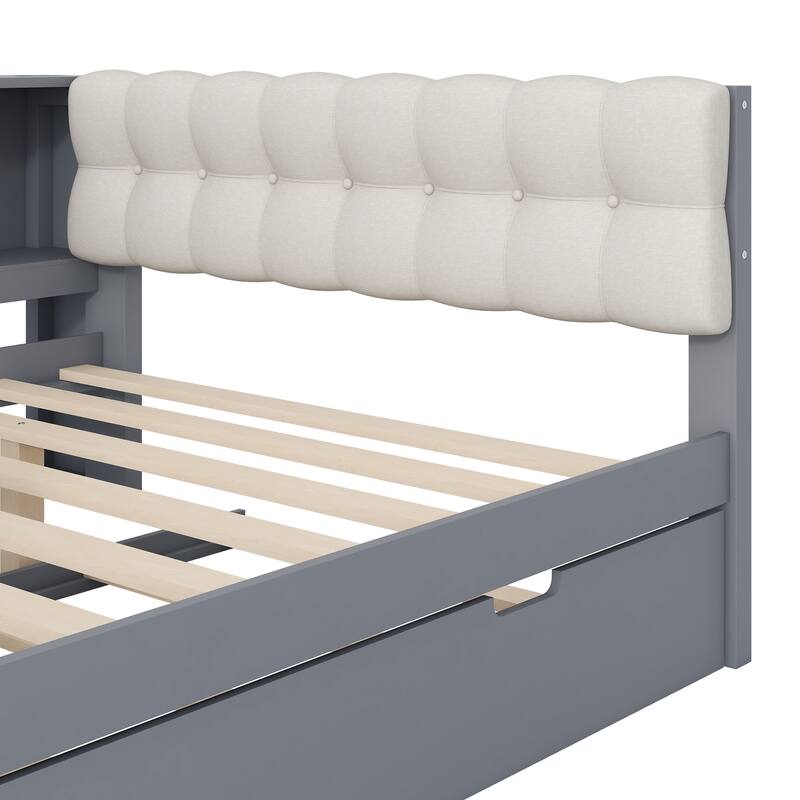 Upholstered Sofa Bed, Wood Daybed, L-shaped Bed Frame with Desk, Shelves, Charging Station, and Optional with Trundle or Drawers
