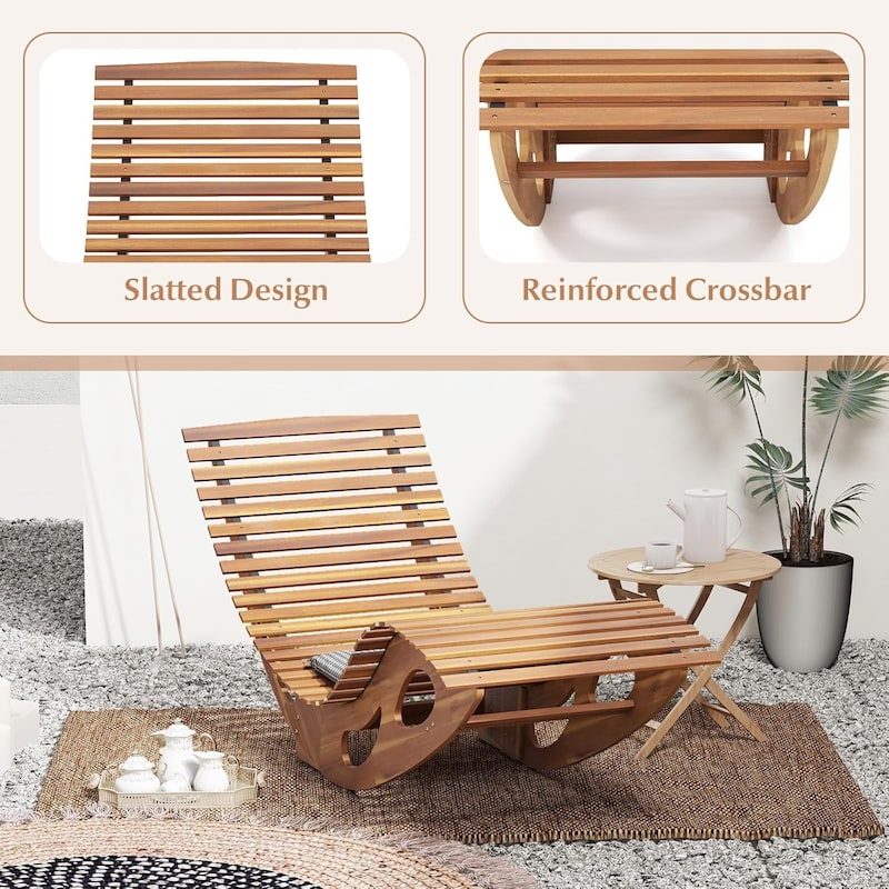 Rocking Chaise Lounge Chair Acacia Wood Sun Lounger Stopper