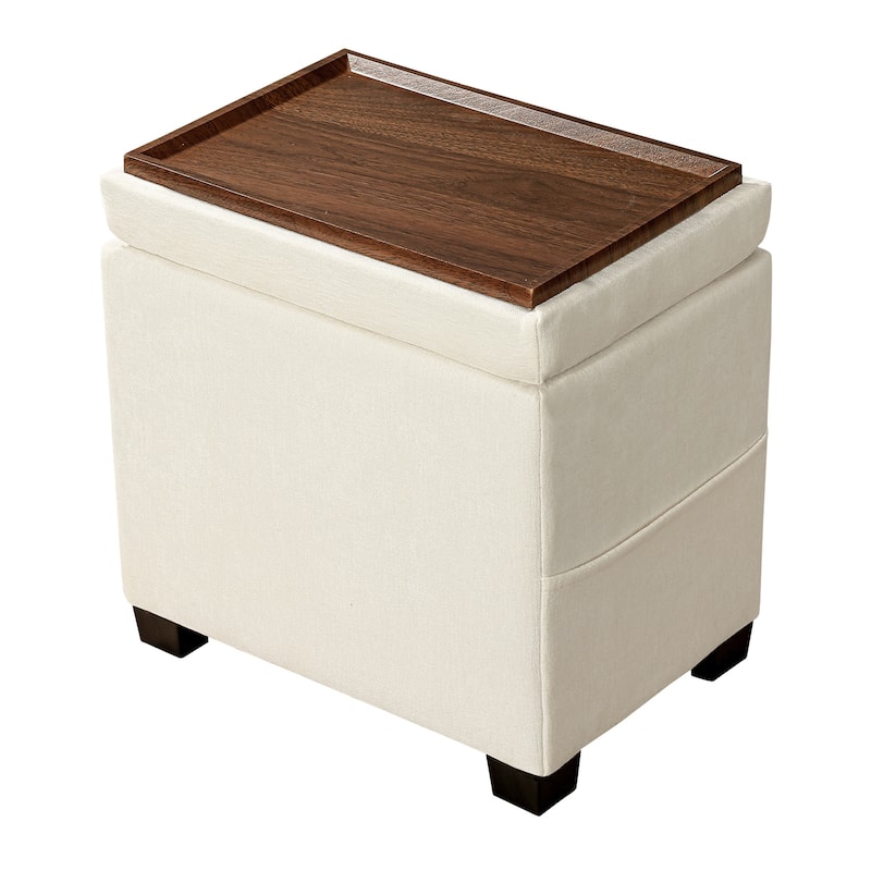 Adeco 16" W Upholstered Rectangle Storage Ottoman with Tray and Pocket